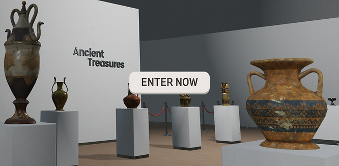 high fidelity ancient vases and antiques on display in an 3D art gallery environment