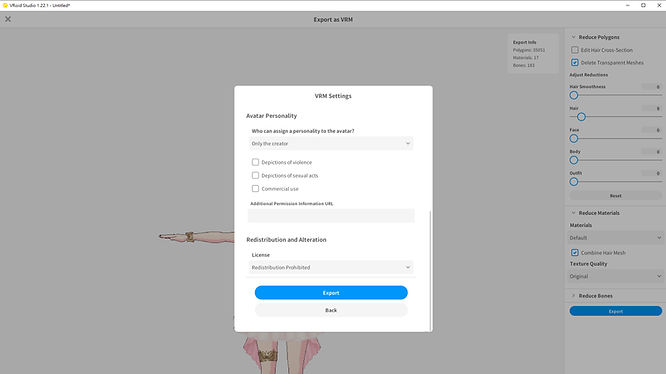export VRoid avatar to VRM file screenshot