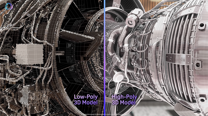 Before and after applying Polygon Streaming to an engine, enabling high-poly 3D model streaming in real time
