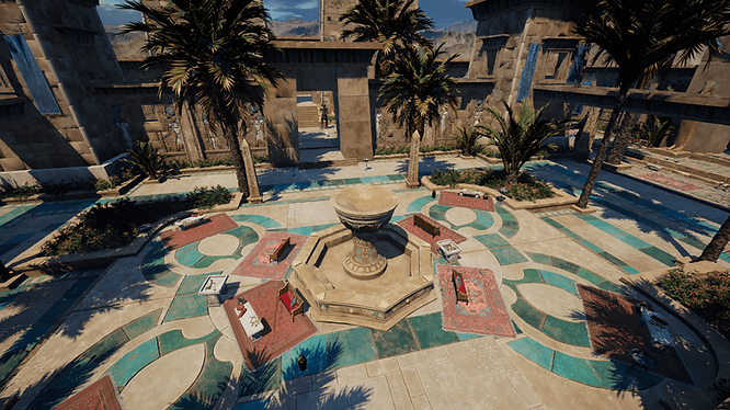 A real-time rendered 3D gaming environment of an Egyptian garden