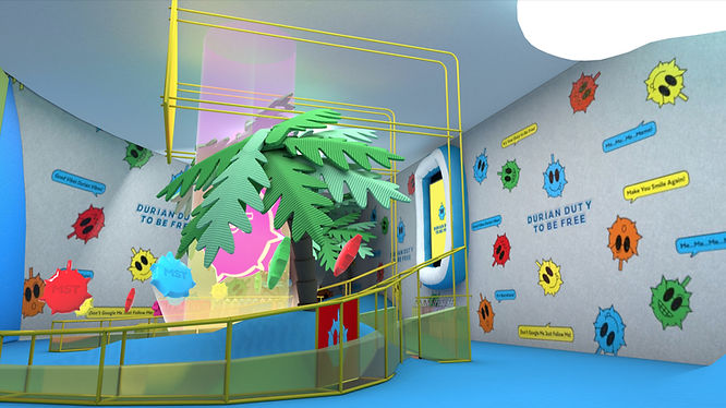 FAMETAVERSE by FAMEME: A surreal digital dreamscape in VIVERSE filled with bright colors, durians, objects, and designer clothing