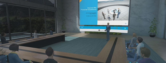 Avatar presenting and hosting a business meeting in a VR metaverse conference room.