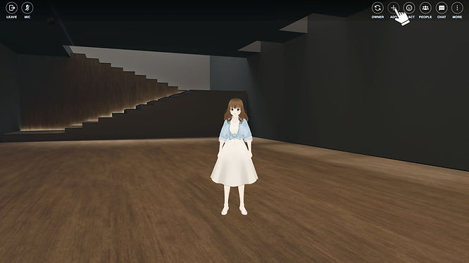 A 3D virtual world of a basement with an anime-style avatar in the center.