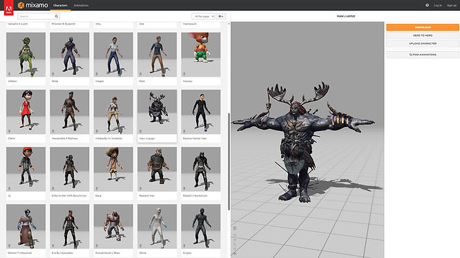 Screenshot of various avatars in Mixamo
