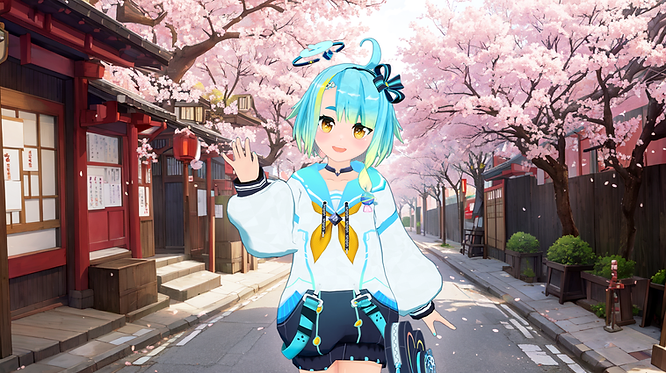 blue and yellow-haired anime-style Japanese girl dressed in uniform with Sakura tress and traditional Japanese architecture in the background