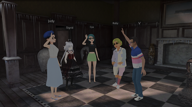 A mixture of VRM, realistic, and character avatars conversing in a VIVERSE world.
