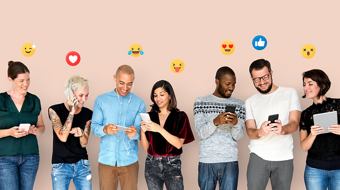 Seven people using phones and tablet with overhead emojis representing social media reactions.