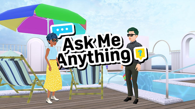 A male and female avatar by the poolside, taking part in the Ask Me Anything event.