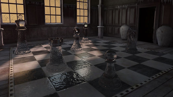 Sunlight shines on crystal pawns on a gigantic checkerboard in the Liminal Space.
