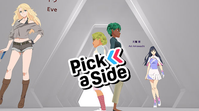 Avatars are trying to pick a side in the Birdie Wing Metaverse Museum, featuring Eve and Aoi.