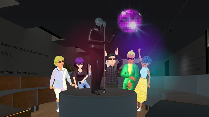 Alt text: Male and female avatars partying in a virtual karaoke.