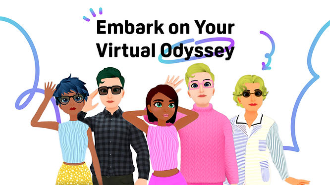 5 fashionable Avatars posing, inviting users to embark on their virtual Odyssey in VIVERSE World.