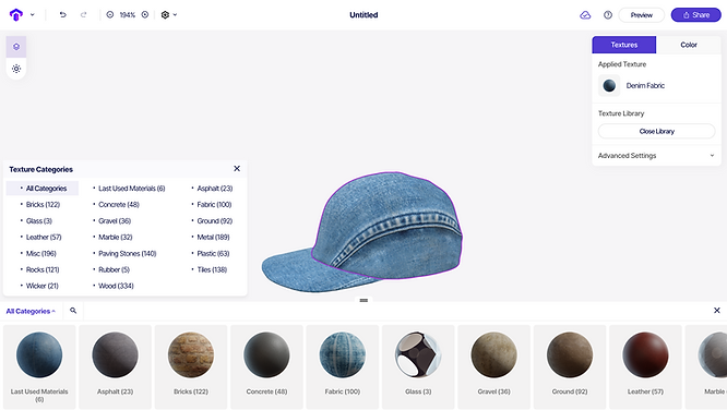 screenshot of a denim fabric textured cap with different texture categories to choose from on Toggle 3D’s website