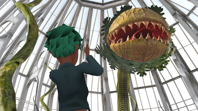 An avatar facing the cannibal plant, clapping in the Liminal Space.