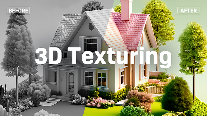 Cover photo of 3D texturing sample before and after adding colors and lighting to a house and plants
