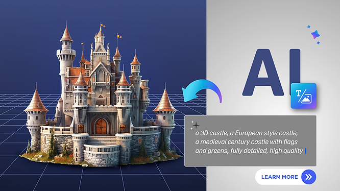 using AI text prompt to generate 3D medieval European castle with flags and greens