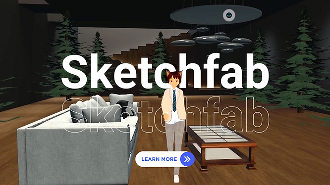 avatar with cat ears walking, surrounded by 3D objects from Sketchfab