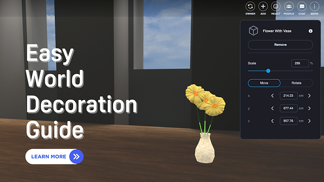 A 3D model vase floating in a virtual World of VIVERSE with creator's control panel