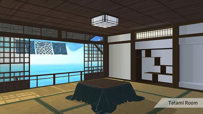 A traditional Japanese tatami room with a wind chime by the sea
