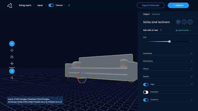 screenshot the Sloyd website, creating 3D models, a sofa and recliners with text prompt