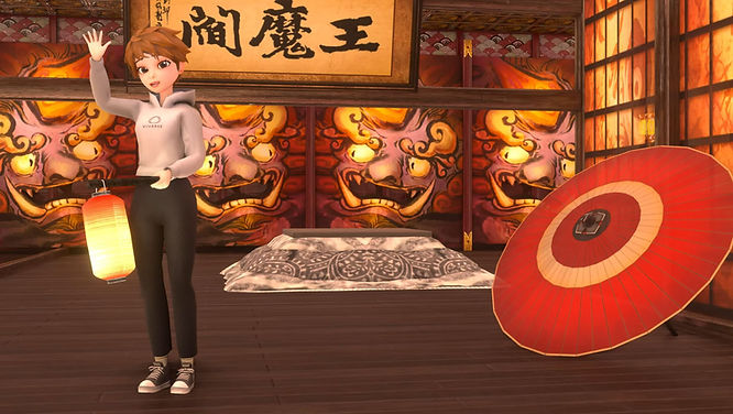 A VIVERSE character avatar stands in a Chinese-themed room adorned with intricate Chinese décor including an umbrella, and vibrant colors. The avatar showcases personalized features, reflecting the individual's unique identity and style. The room exudes a sense of cultural richness and elegance, immersing you in the beauty of Chinese aesthetics. Step into this captivating Chinese-themed room in VIVERSE