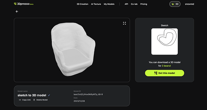 screenshot a white sofa generated from a sketch with an ai 3D generator, 3Dpresso