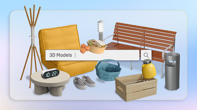 A screenshot of someone searching for 3D models online. Background features 3D models such as a bench, trash can, shoes, tea table, lunch box,...