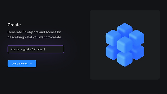 screenshot of text prompt creating a grid of 8 blue cube 3D models