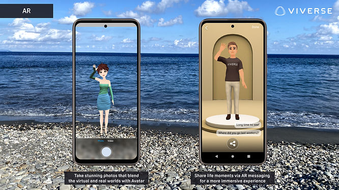A picture of beach and Avatar showing the new feature of augmented reality on VIVERSE App