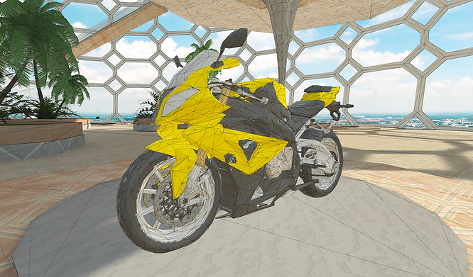 Low polygon 3D model of a motorcycle in VIVERSE for Business.