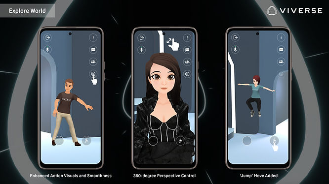 Screenshots of HTC VIVERSE's World on mobile app showcasing the new features including control panel, jump move, and enhanced visual