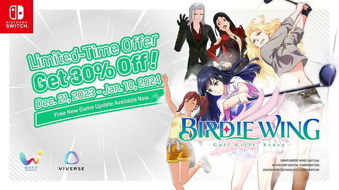 BIRDIE WING Nintendo Switch Year-End Sale Campaign launched by VIVERSE and WOWOW Technology, features protagonists, Eve, Aoi, and new character Lily, new paid DLC characters Rose and Vipère