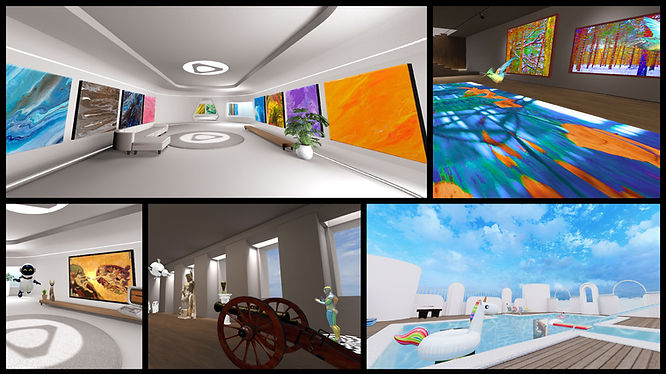 A collage of decorated 3D environments in the VIVERSE open metaverse platform