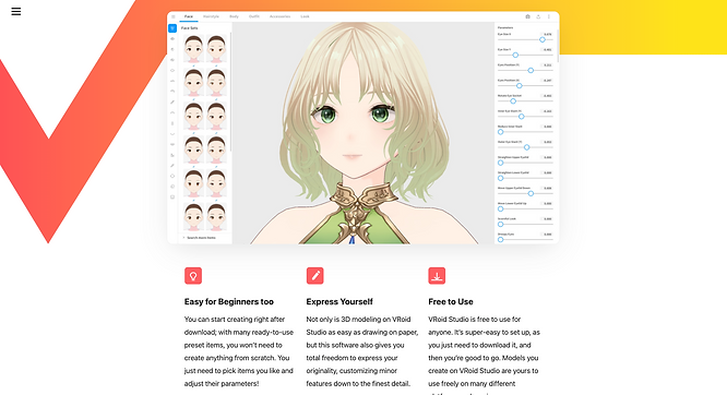 screenshot of 3D VTuber model maker, VRoid Studio
