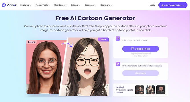 a free AI generator, turning a girl's photo into a cartoonish 2D avatar