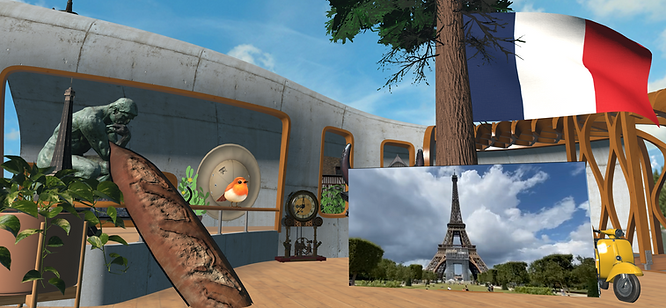 France flag, Vespa, Eiffel tower, French baguette, the Thinker