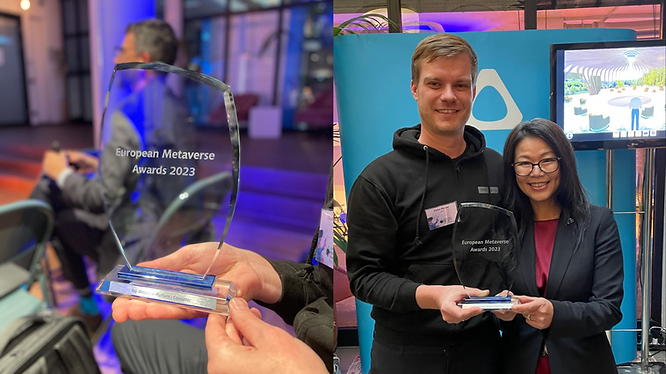 The crystal trophy of European Metaverse Award 2023 and VIVERSE staffs