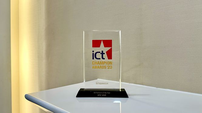 The crystal trophy of the ICT Champion Awards for VR Platform of the Year and the European Metaverse Awards for Top Metaverse Platform - Consumer for VIVERSE