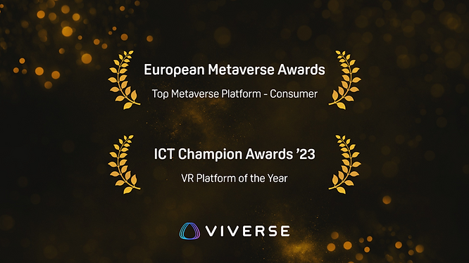 An image showcases that VIVERSE has been bestowed with two prestigious awards: the ICT Champion Awards for VR Platform of the Year and the European Metaverse Awards for Top Metaverse Platform - Consumer.