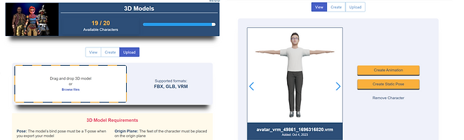 DeepMotion upload FBX, GLB, VRM file page and DeepMotion VRM avatar create animation or create static pose page.