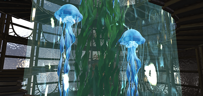 The secret spot with blue jellyfish in the tank, in the Fossil Wonderland Museum