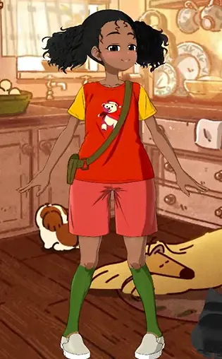 Medium brown skin school girl with two buns wearing a t-shirt with a blue shoulder bag