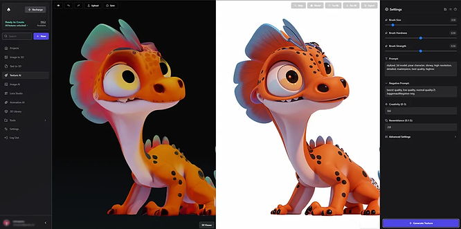 A 3D-rendered cartoon dinosaur is shown on a split screen with settings on the right, featuring a dark and light background.