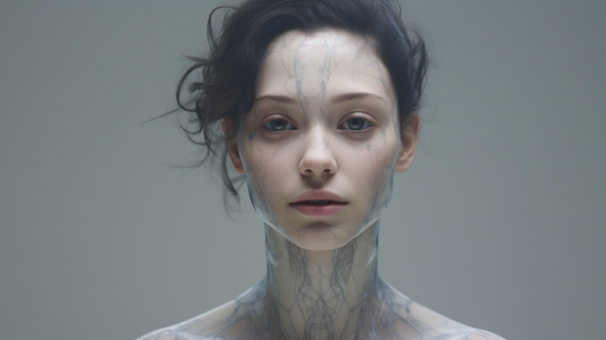 Face of a digital human, a hyper-realistic virtual avatar, with the appearance of a woman.
