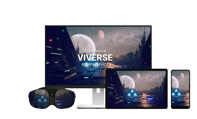 VIVERSE Create being accessed on a variety of devices, including a computer, tablet, mobile phone, and VIVE XR Elite.