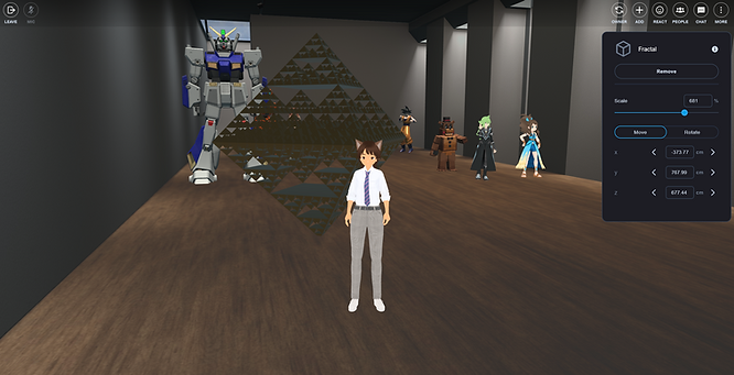 A virtual gallery with a cat boy avatar, 3D gundam model, and other 3D models.