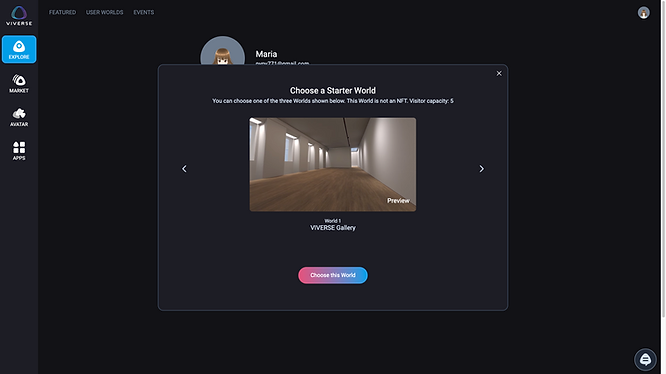 A screenshot showing how to redeem a free virtual world in VIVERSE.
