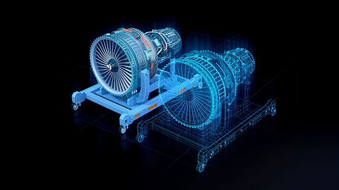 A jet engine and a jet engine digital twin. 
