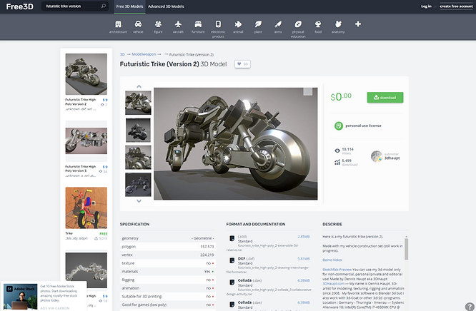 Screenshot of the Free3D official website