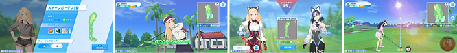 Game screenshots of the mobile game “BIRDIE WING -Golf Girls' Story- Golf Venus”, featuring Eve and Aoi in different outfits.